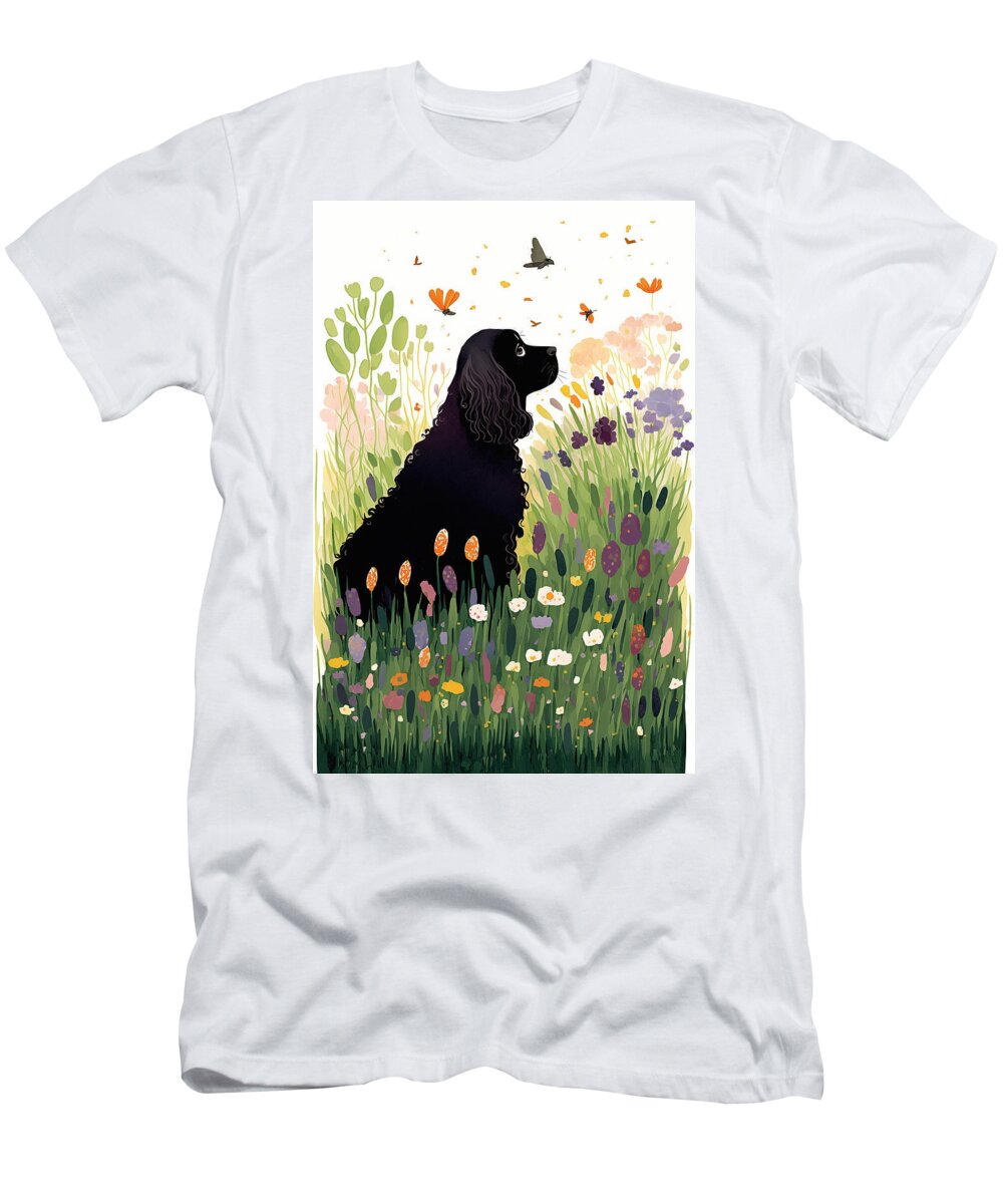 Cocker Spaniel T-Shirt featuring the digital art Cocker Spaniel in flower field 3 by Debbie Brown