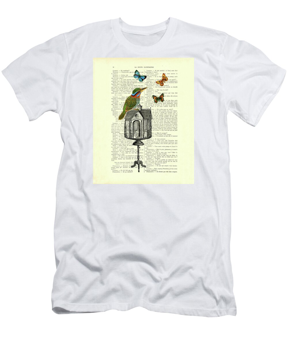 Bird T-Shirt featuring the mixed media Colorful Bird with Butterflies by Madame Memento