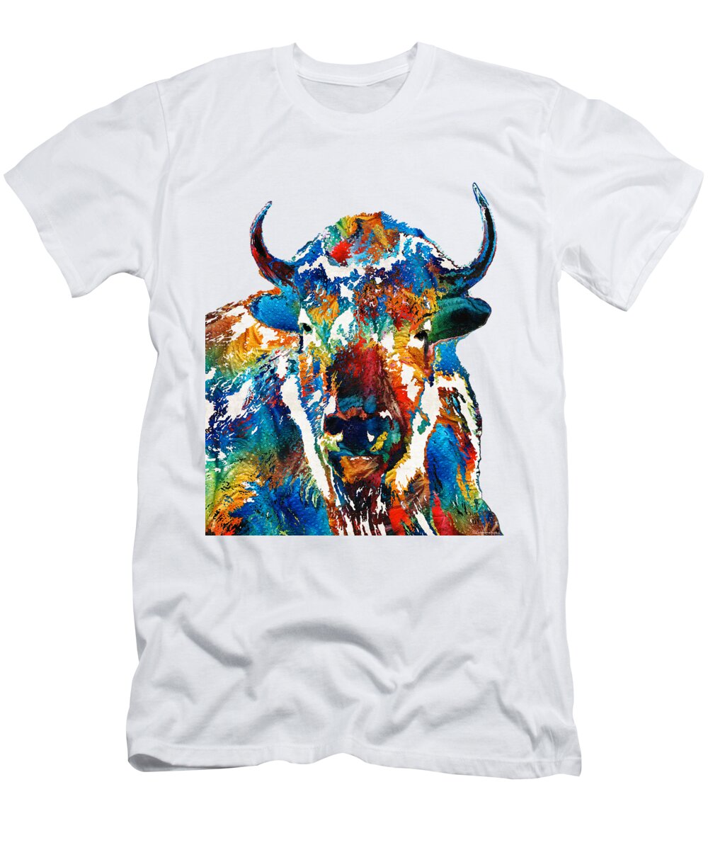 Buffalo T-Shirt featuring the painting Colorful Buffalo Art - Sacred - By Sharon Cummings by Sharon Cummings