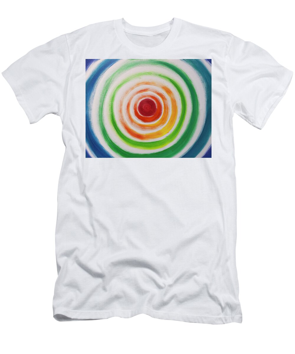 Bulls Eye T-Shirt featuring the painting Hypnotic Circles by Rachel League