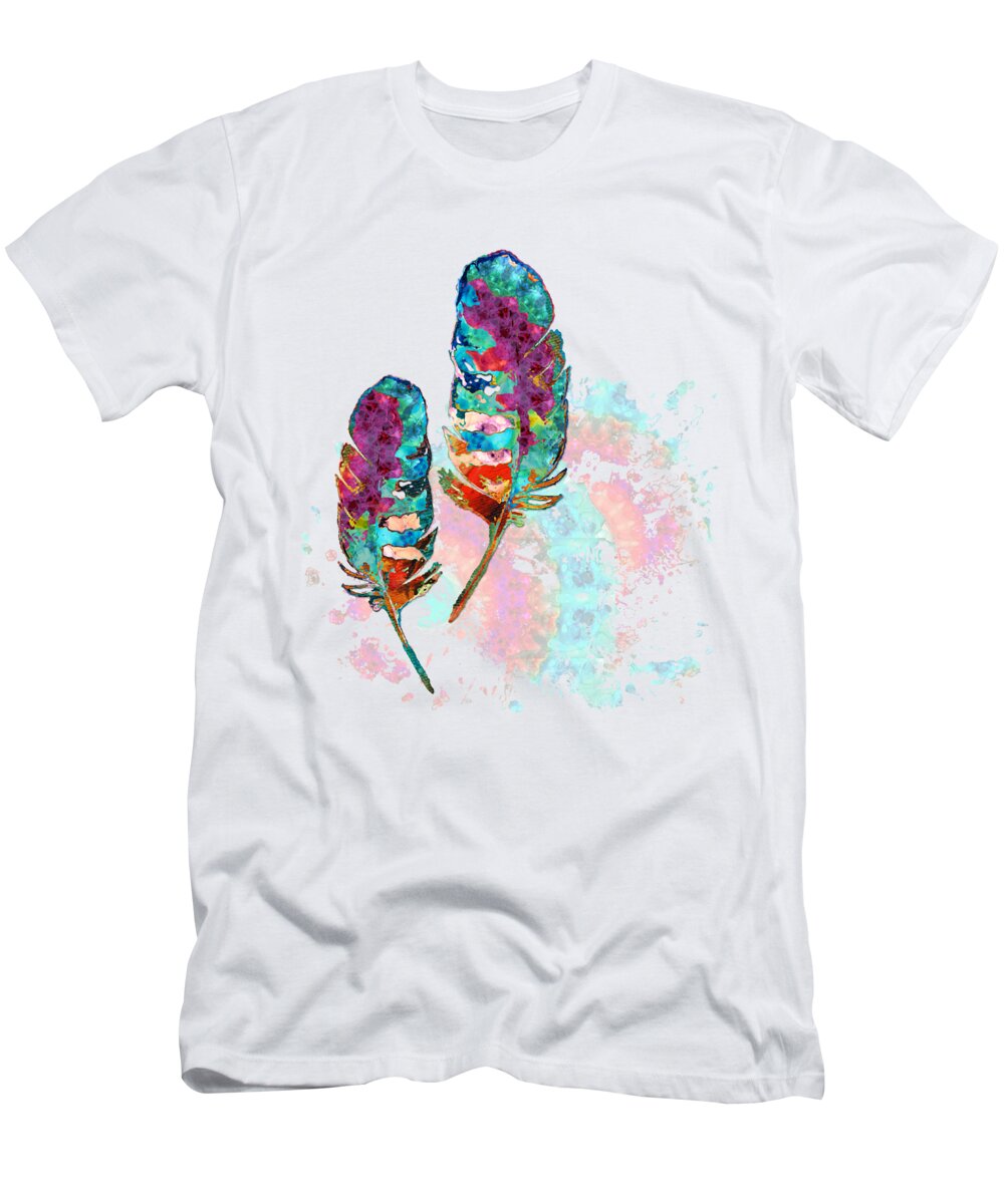 Feather T-Shirt featuring the painting Colorful Feather Art - Two Souls by Sharon Cummings