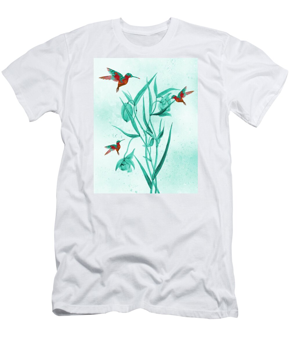 Hummingbirds T-Shirt featuring the mixed media Colorful Hummingbirds-Fractal Watercolor Fusion Art by Shelli Fitzpatrick