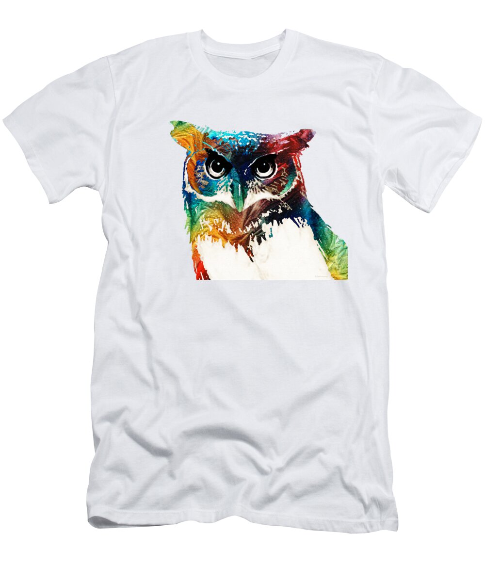 Owl T-Shirt featuring the painting Colorful Owl Art - Wise Guy - By Sharon Cummings by Sharon Cummings