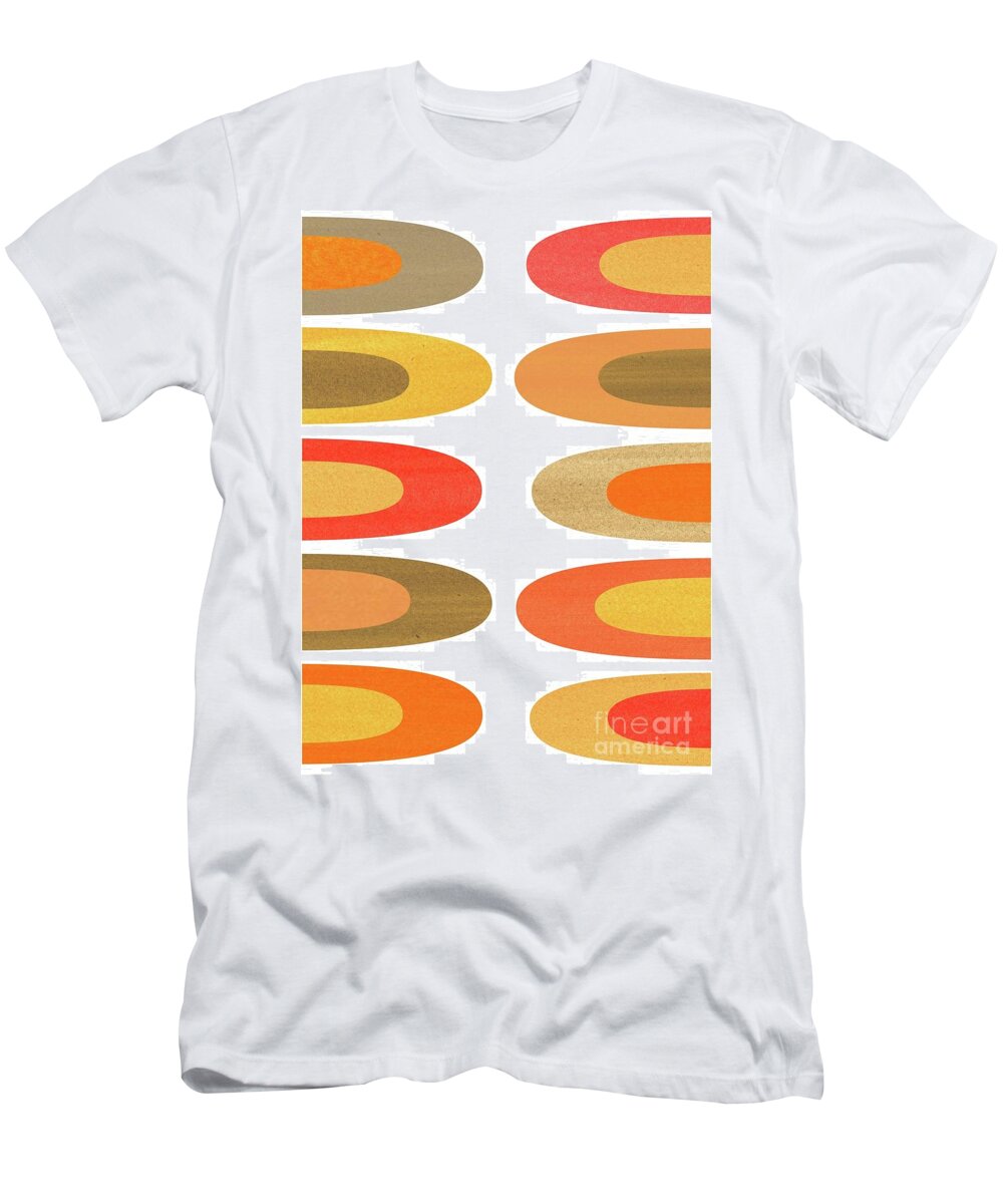 Tan T-Shirt featuring the mixed media Concentric Oblongs in Warm Colors on White by Donna Mibus
