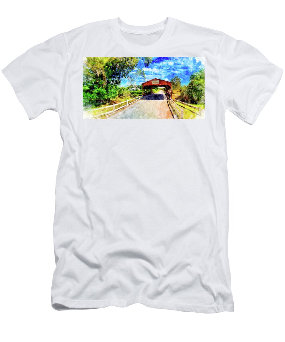 Coral Springs Covered Bridge T-Shirt featuring the digital art Coral Springs Covered Bridge - watercolor ink painting by Nicko Prints