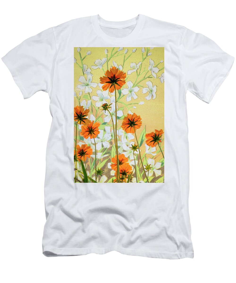Flora T-Shirt featuring the photograph Coreopsis with French Gypsophile Blanc by Mary Lee Dereske