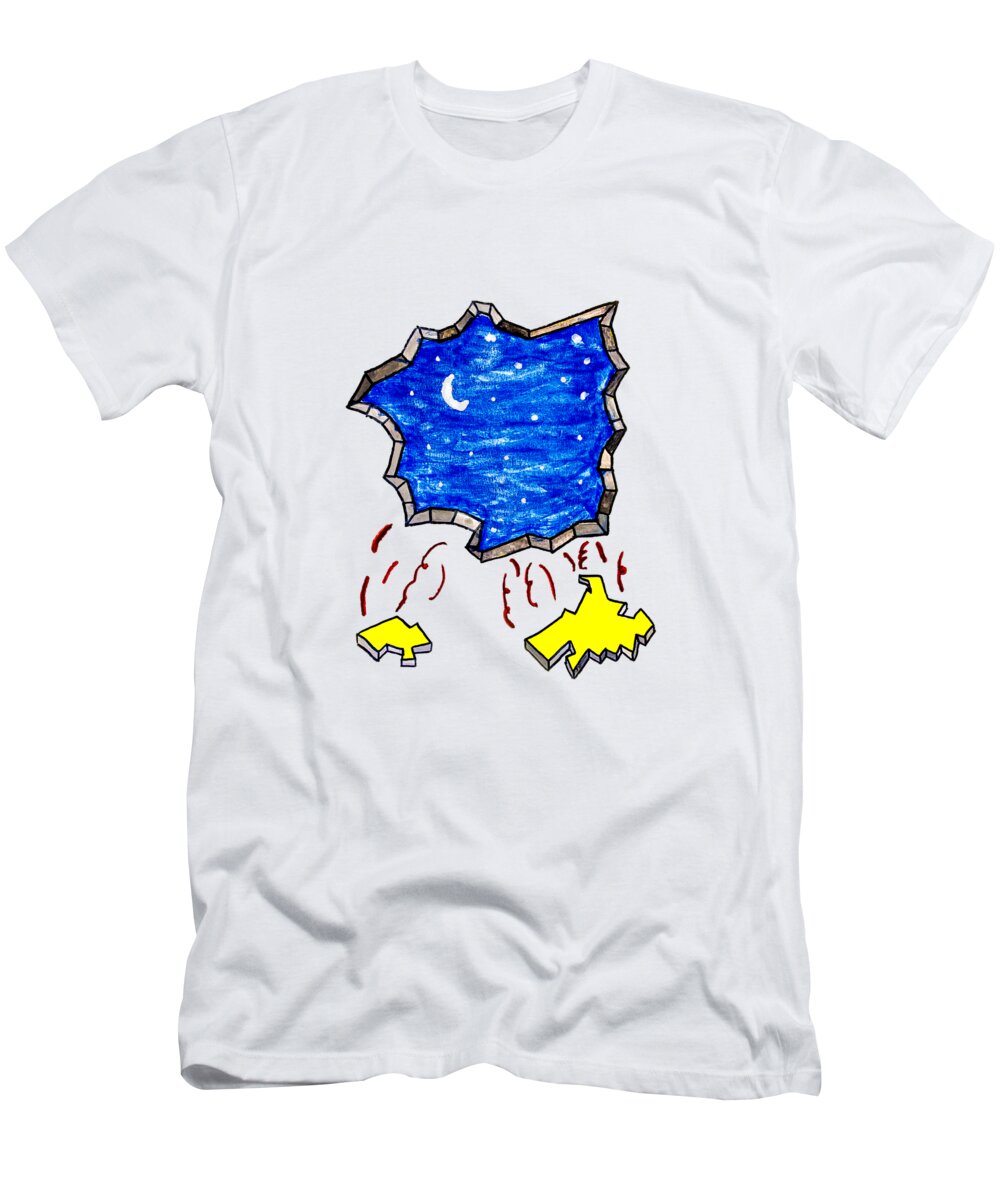 Cracked T-Shirt featuring the drawing Cracked wall with the night outside by Gregory DUBUS