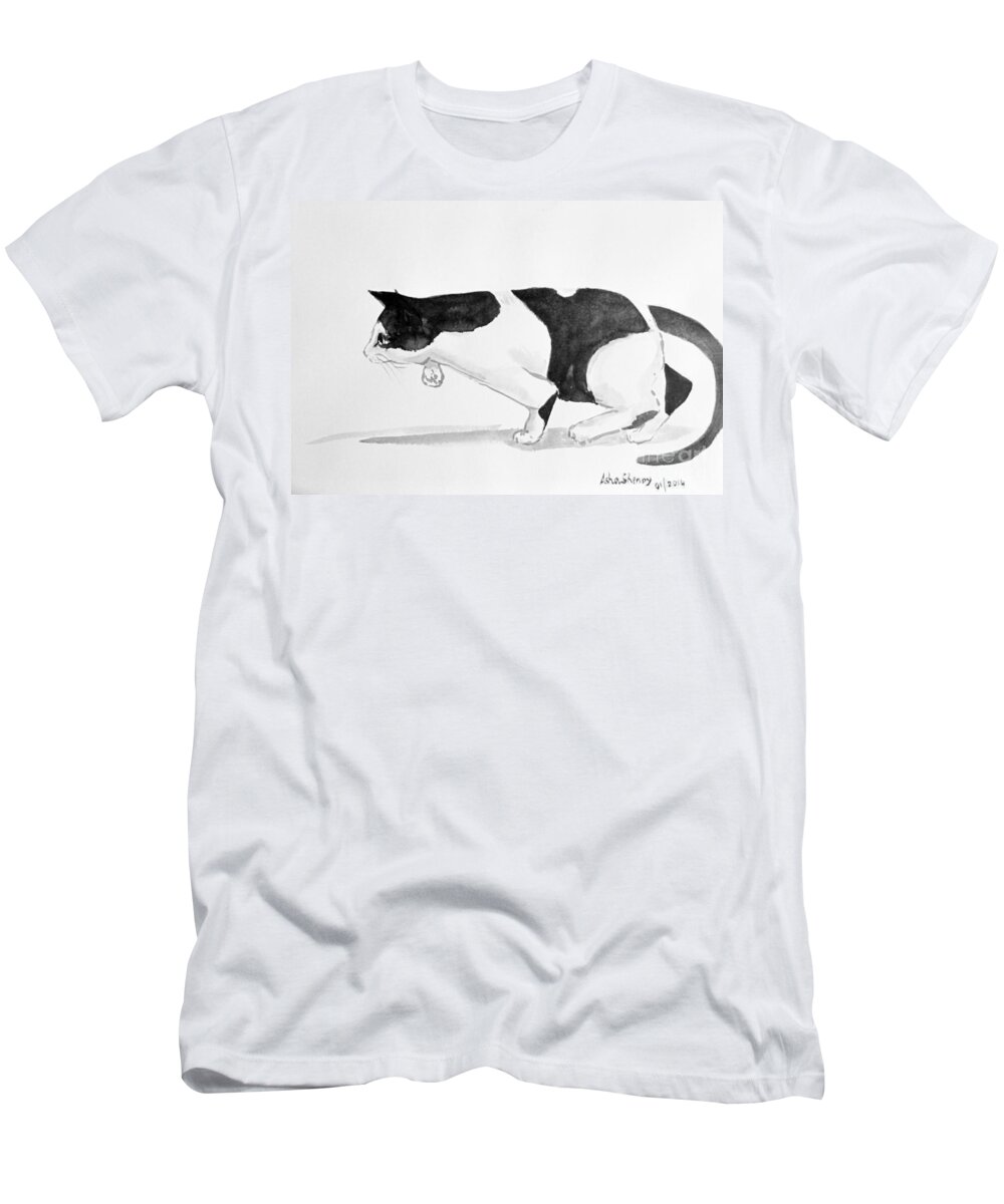Sumi-e Painting T-Shirt featuring the painting Crouching cat by Asha Sudhaker Shenoy
