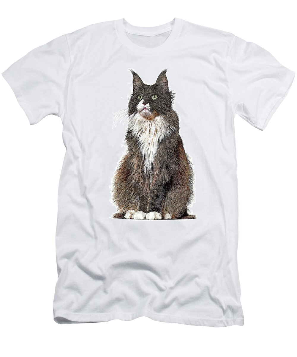 Maine Coon T-Shirt featuring the painting Cute and Cool, Maine Coon Cat by Custom Pet Portrait Art Studio
