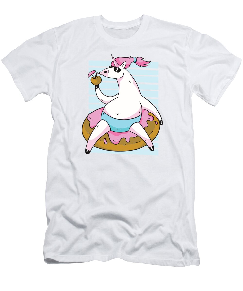 Chubby Unicorn T-Shirt featuring the digital art Cute chubby unicorn relaxing in a donut by Me