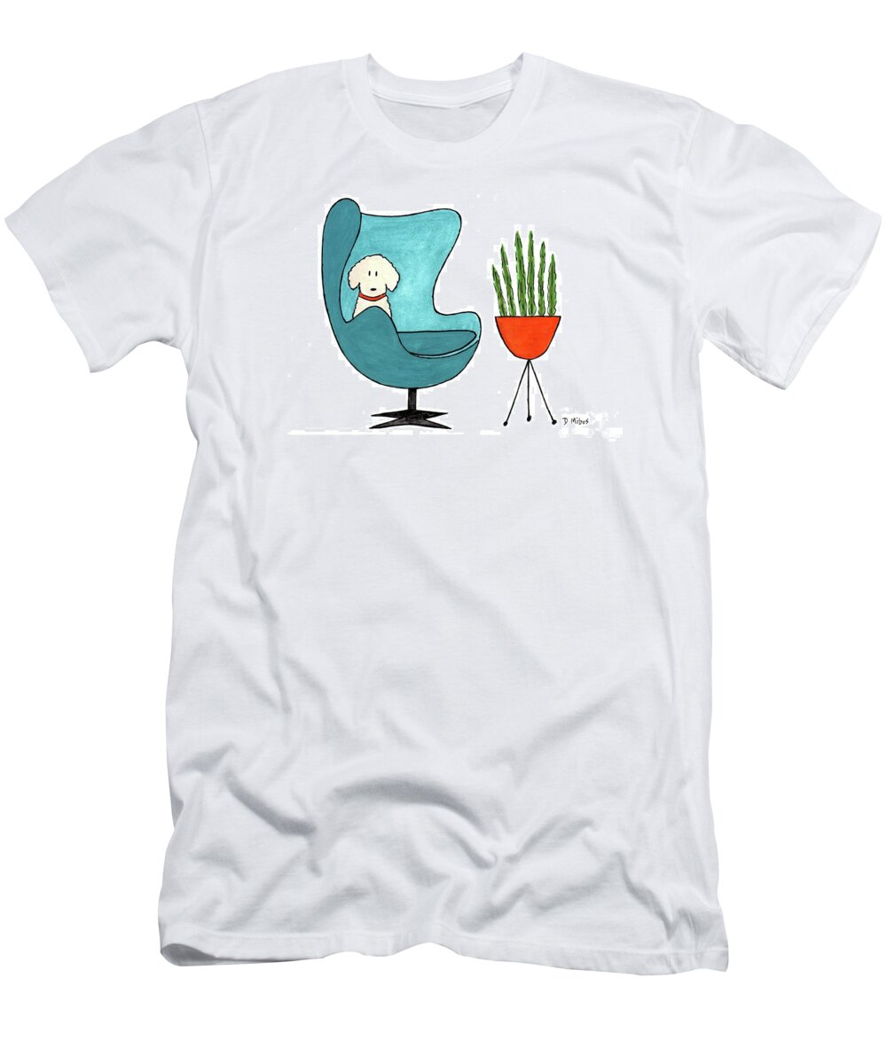 Arne Jacobsen Egg Chair T-Shirt featuring the painting Cute Dog in Teal Arne Jacobsen Chair by Donna Mibus