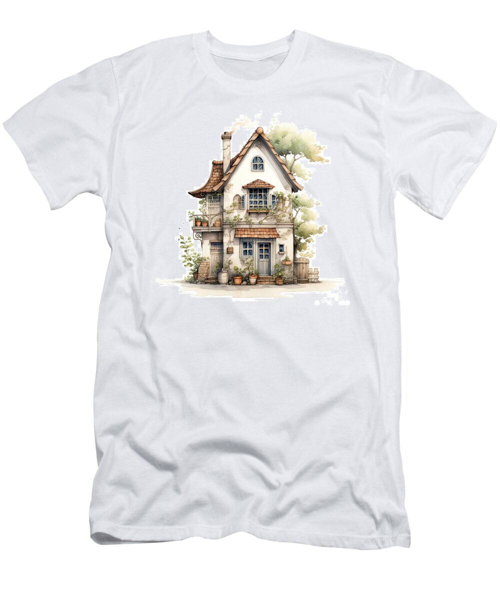 Flowers T-Shirt featuring the photograph Cute fairytale cottage digital illustration. Charming stone cottage in the woods, with climbing plants, watercolour over white background. by Jane Rix