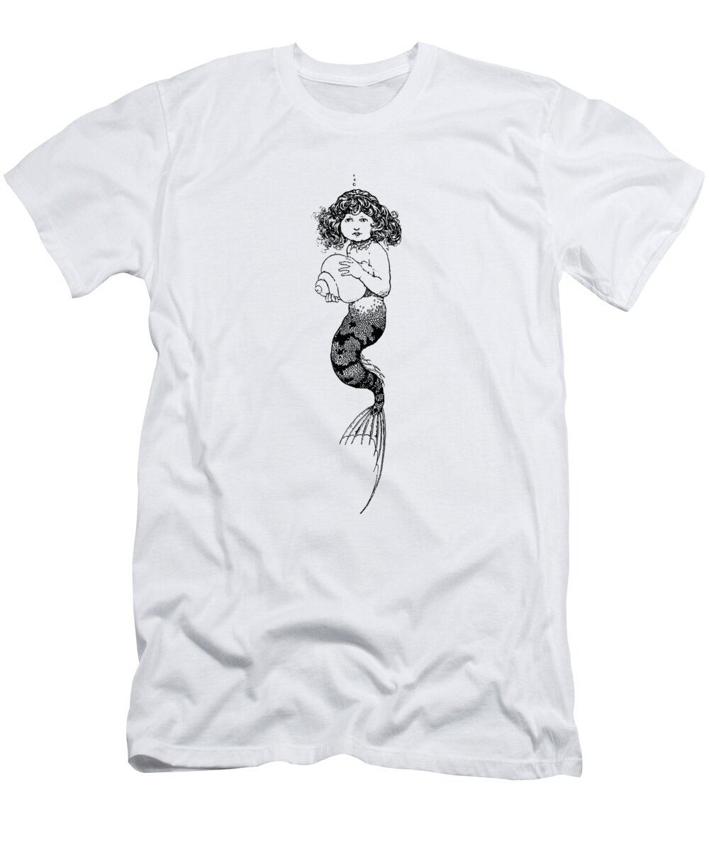 Mermaid T-Shirt featuring the digital art Cute Little Mermaid With Seashell by Madame Memento