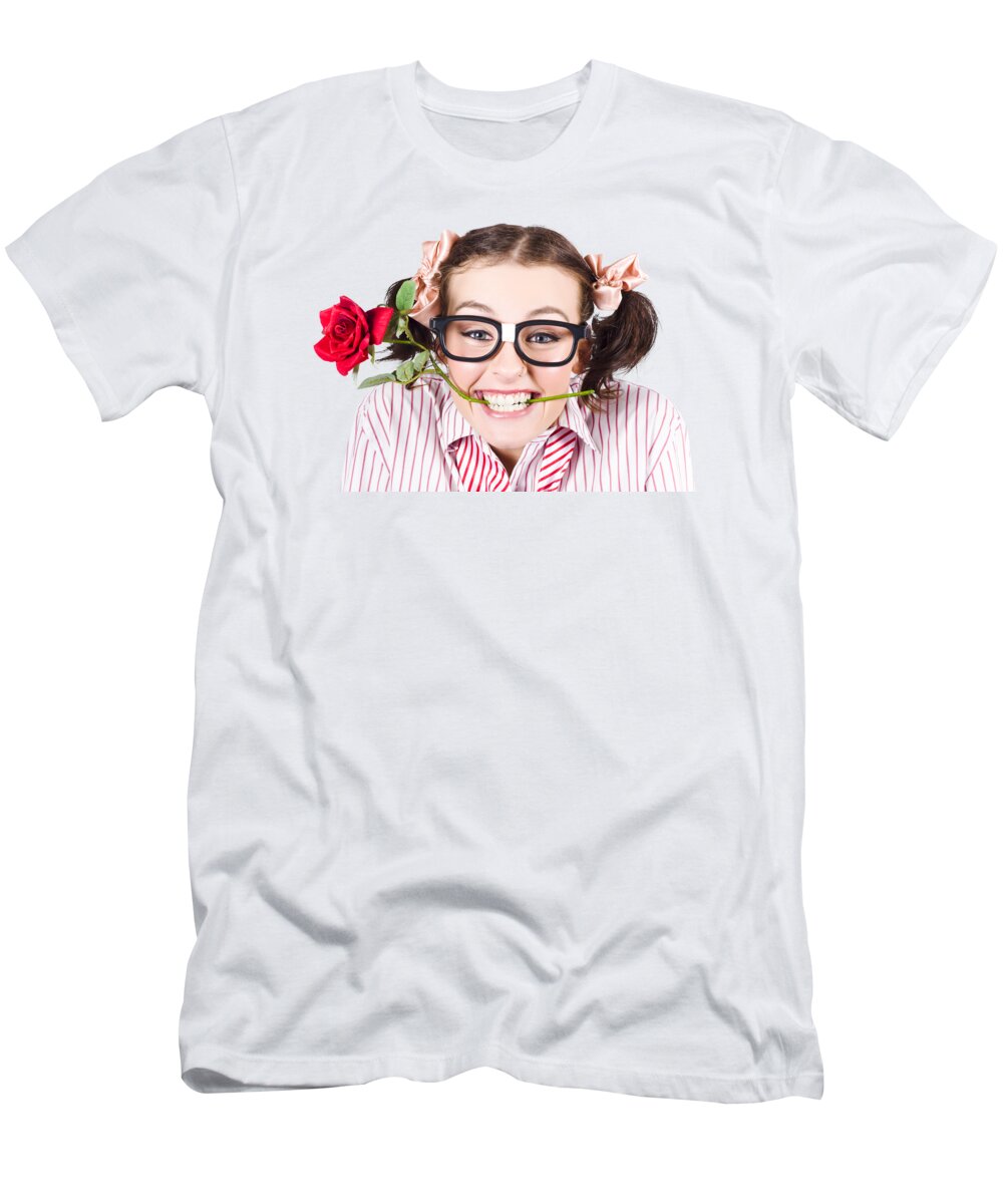 Funny T-Shirt featuring the photograph Cute Smiling Woman Wearing Nerd Glasses With Rose by Jorgo Photography