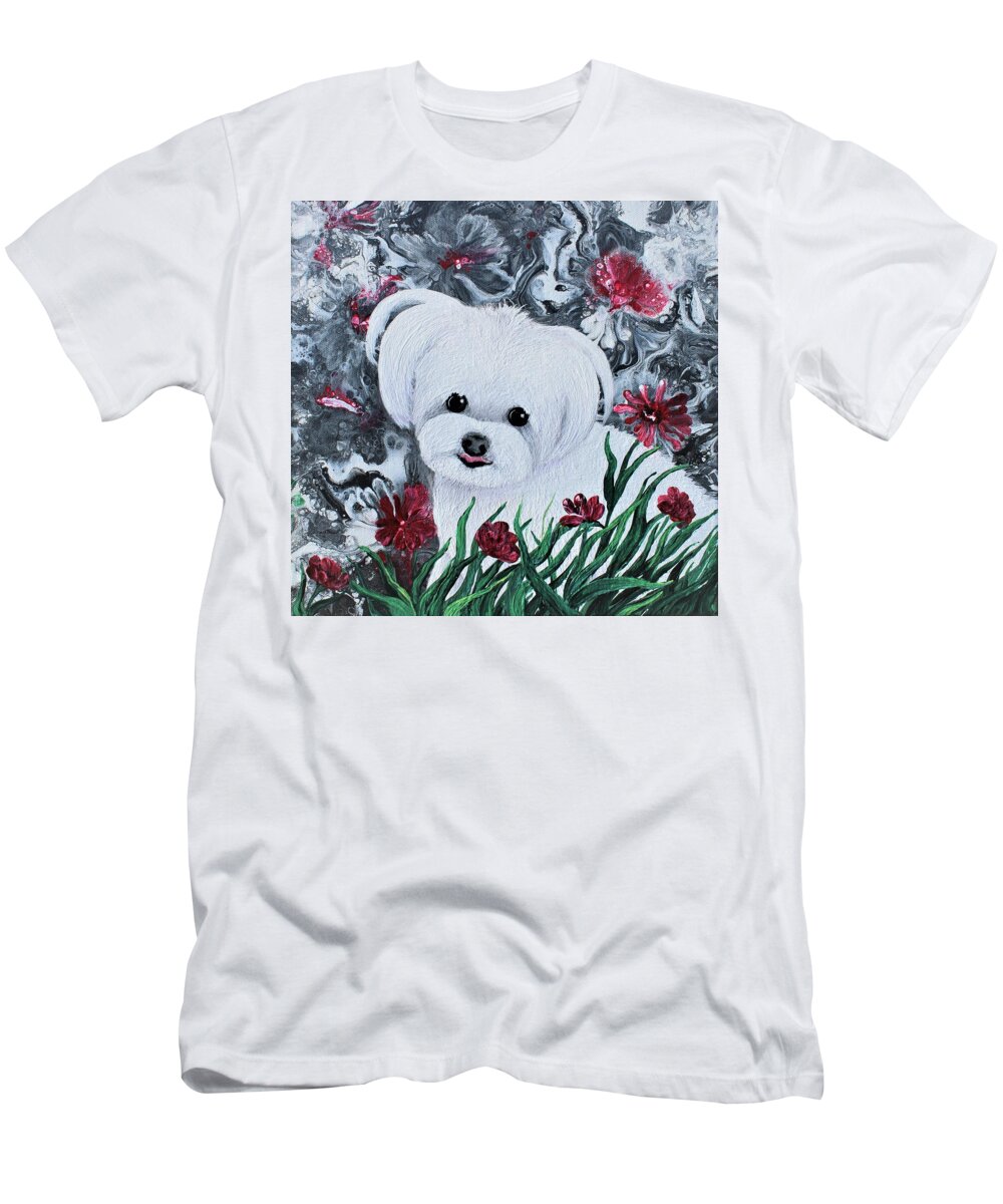 Wall Art Home Décor Dogs White Dogs Cute Dog Acrylic Painting Abstract Painting Animals Cute Animals Gift Idea Art For Sale Red Flower Abstract Flowers T-Shirt featuring the painting Cute Sugar by Tanya Harr