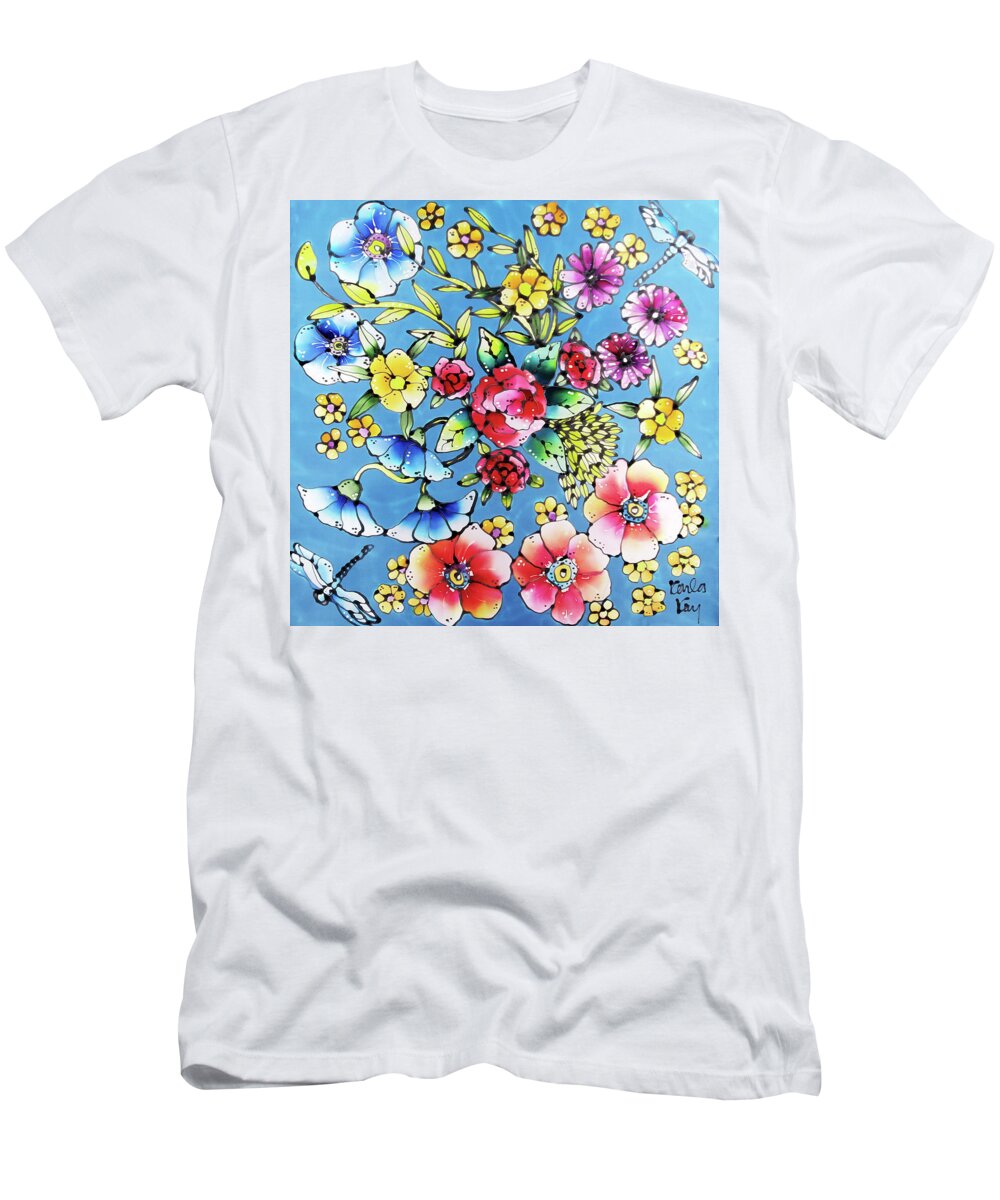 Dragonflies T-Shirt featuring the tapestry - textile Dancing dragonflies in the garden by Karla Kay Benjamin