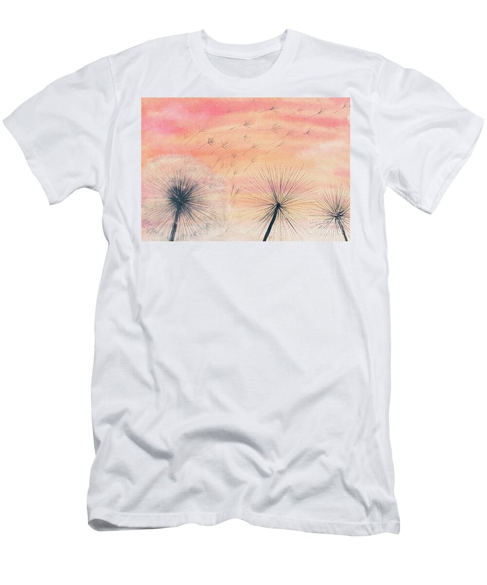 Dandelions T-Shirt featuring the painting Dandelions at Sunset by Lisa Neuman