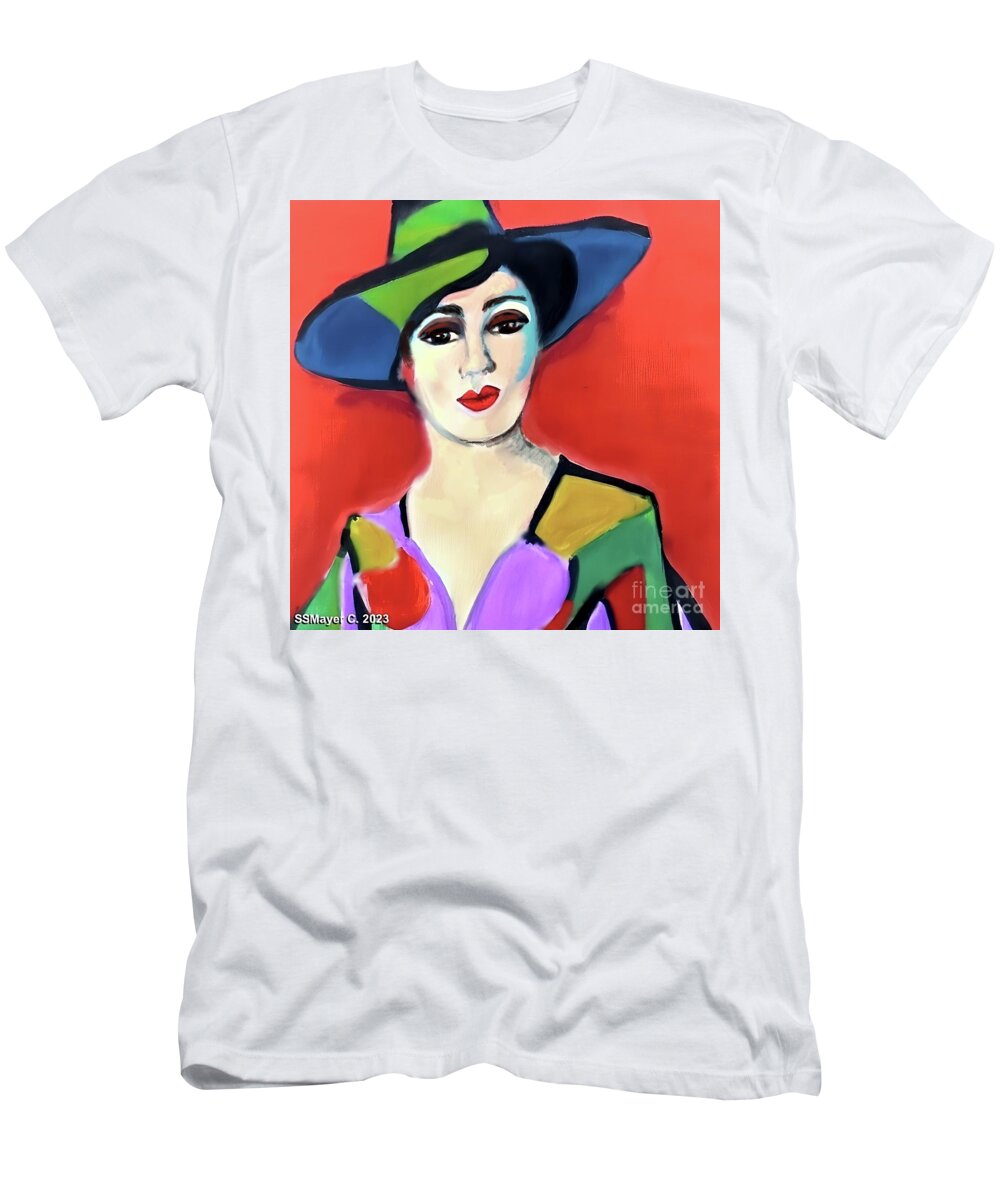 Contemporary Art T-Shirt featuring the digital art Donna with Hat by Stacey Mayer