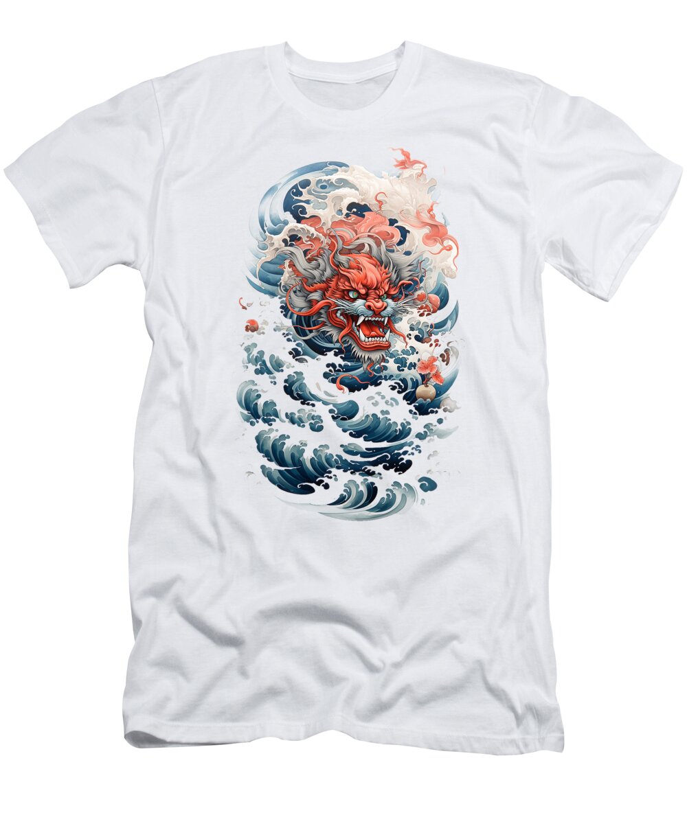 Japanese Style T-Shirt featuring the mixed media Dragon In Water by World Art Collective
