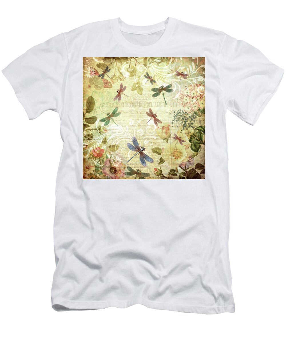 Dragonflies T-Shirt featuring the mixed media Dragonfly Dreams - Antiqued by Peggy Collins