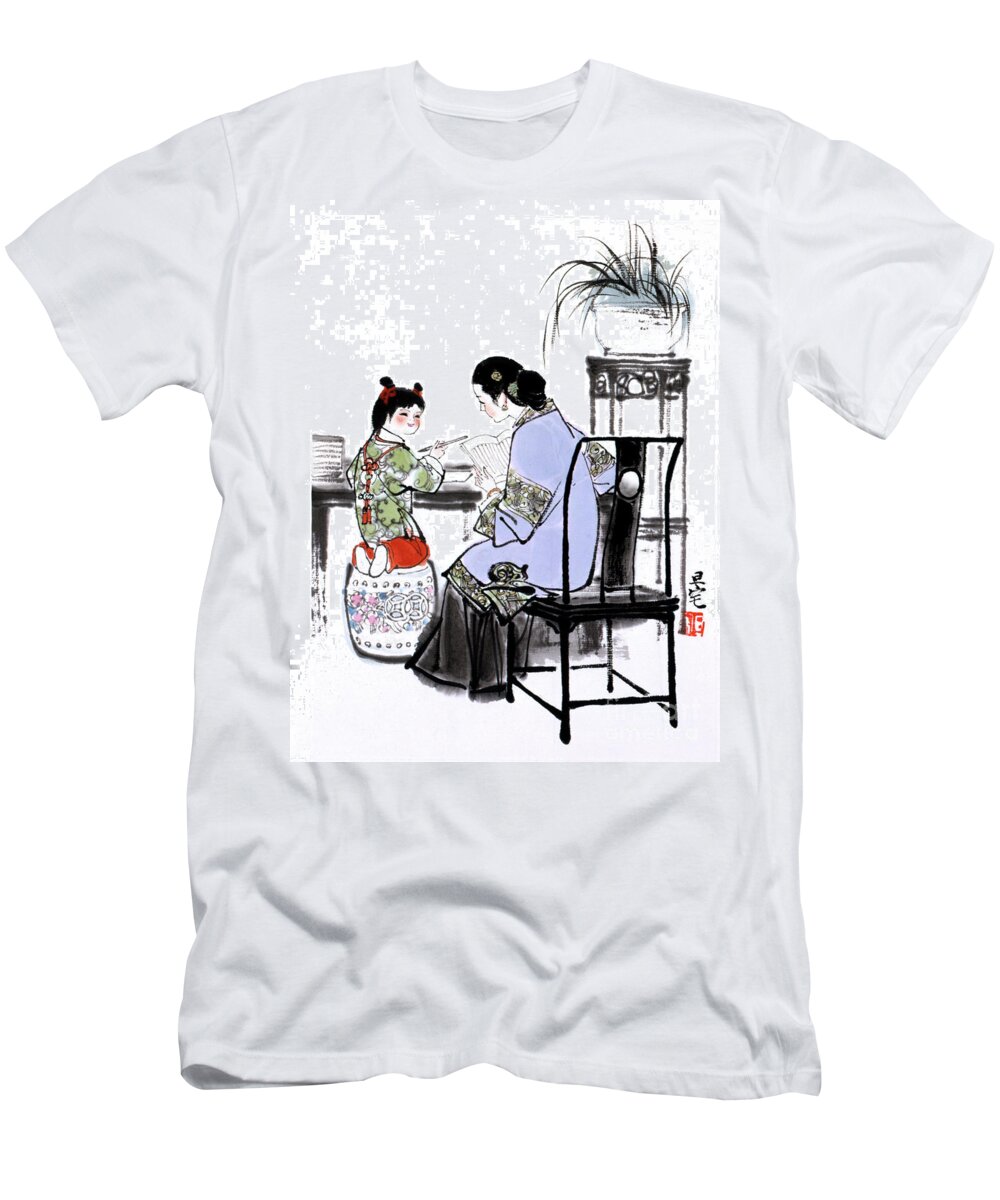 Liu Danzhai T-Shirt featuring the painting Dream of the Red Chamber - Woman And Child Sitting At Writing Table by Liu Danzhai