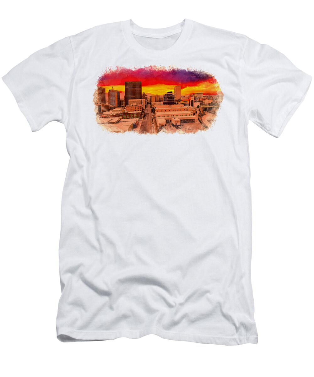 El Paso T-Shirt featuring the digital art East Mills Avenue in downtown El Paso at sunset - watercolor painting by Nicko Prints