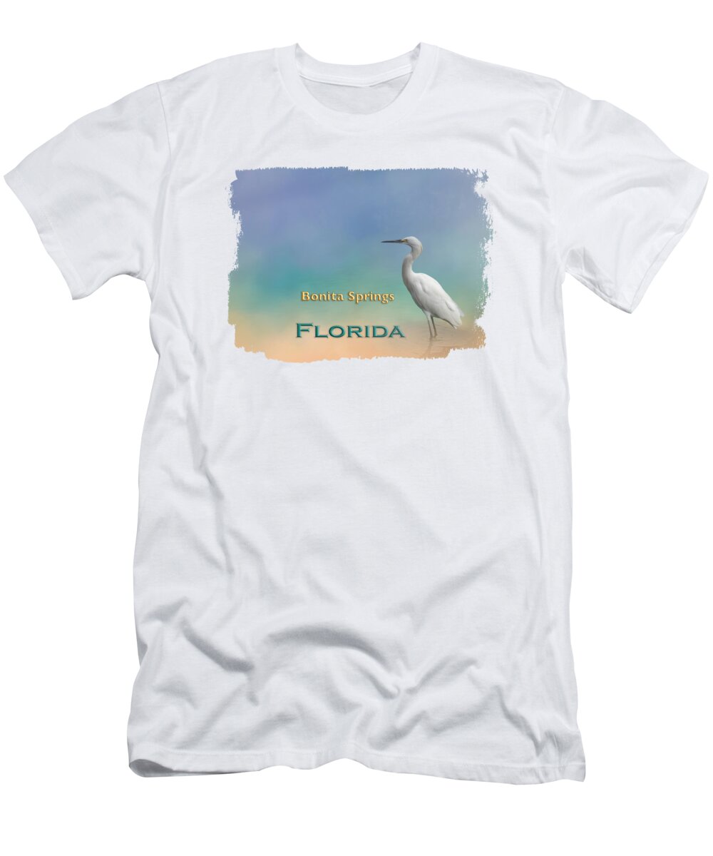 Bonita Springs T-Shirt featuring the mixed media Egret Bonita Springs FL by Elisabeth Lucas