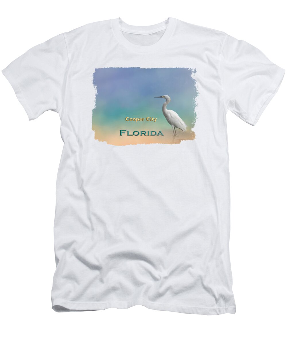 Fruit Cove T-Shirt featuring the mixed media Egret Fruit Cove FL by Elisabeth Lucas