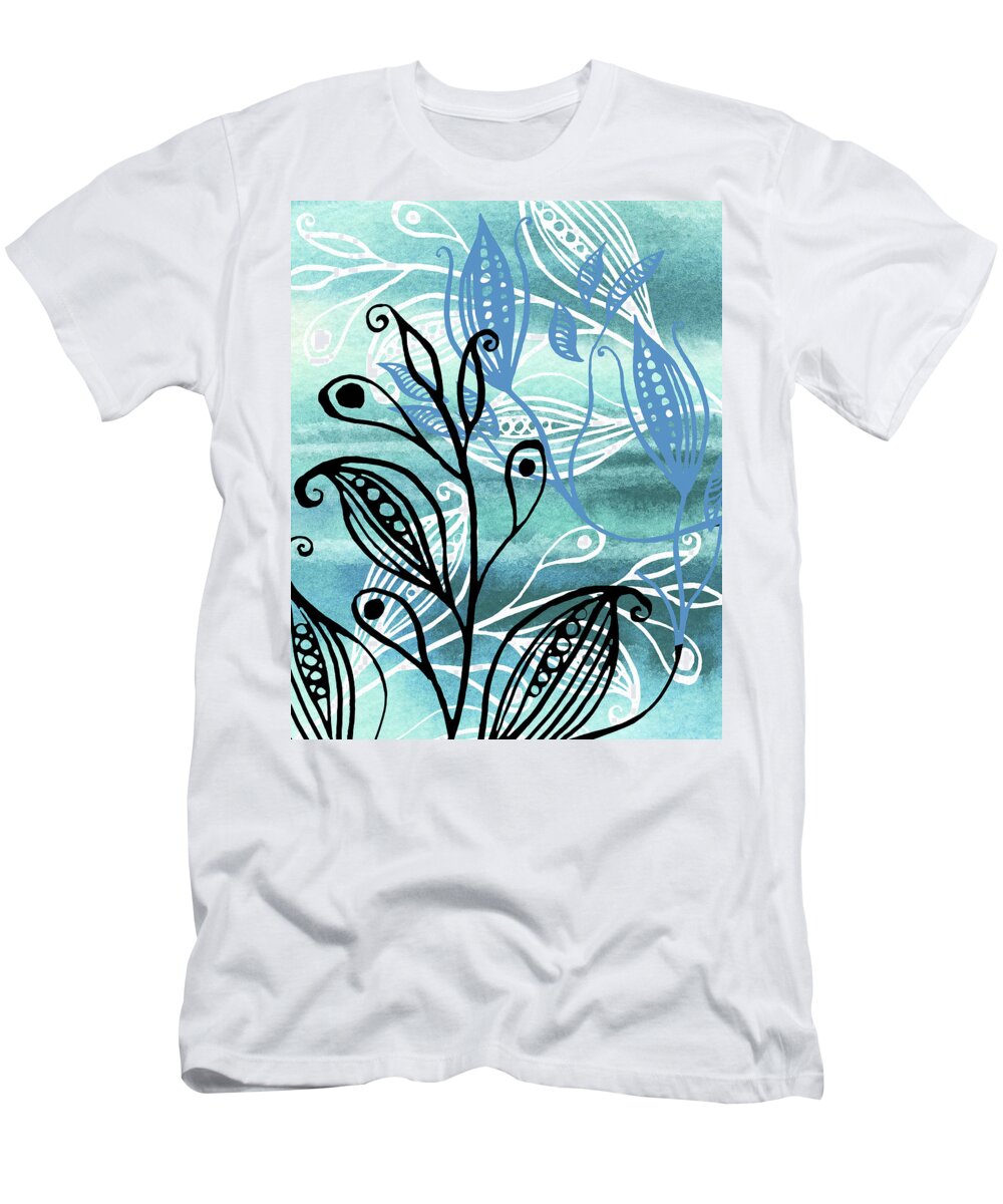 Pods T-Shirt featuring the painting Elegant Pods And Seeds Pattern With Leaves Teal Blue Watercolor VI by Irina Sztukowski
