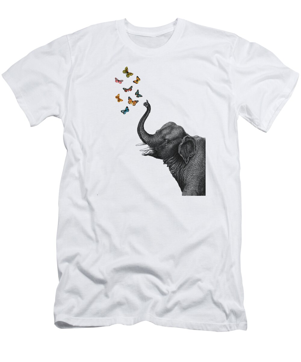 Elephant T-Shirt featuring the digital art Elephant blowing butterflies by Madame Memento