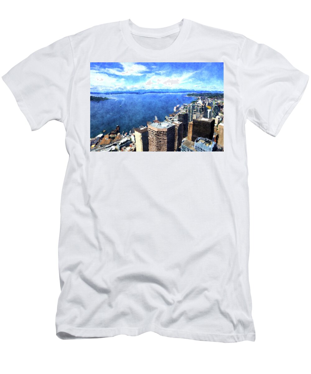 Columbia Center T-Shirt featuring the digital art Elliott Bay Seattle by SnapHappy Photos
