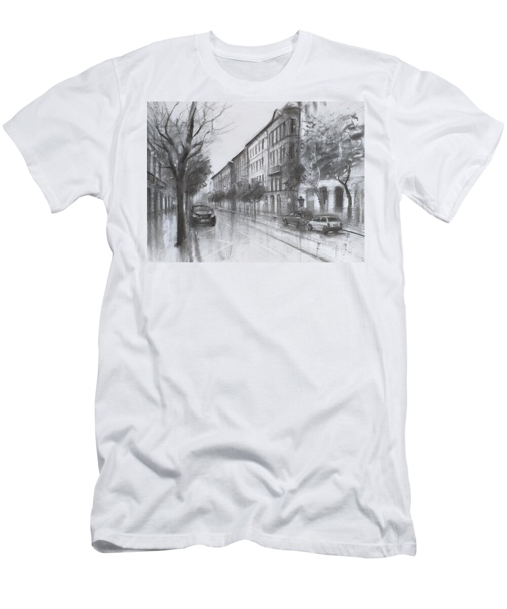 Charcoal T-Shirt featuring the drawing Empty city by Lorand Sipos