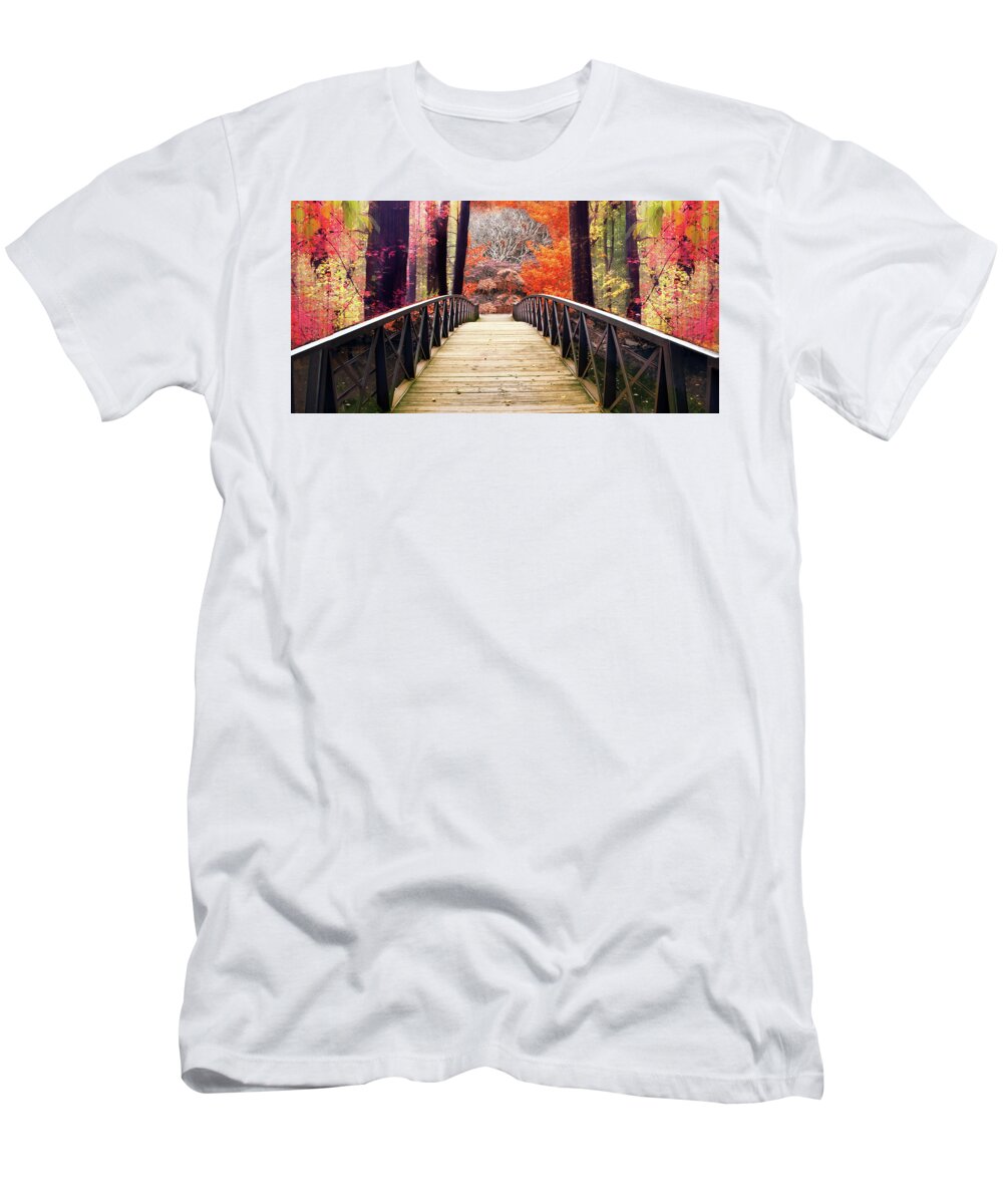 Footbridge T-Shirt featuring the photograph Enchanted Autumn Crossing by Jessica Jenney