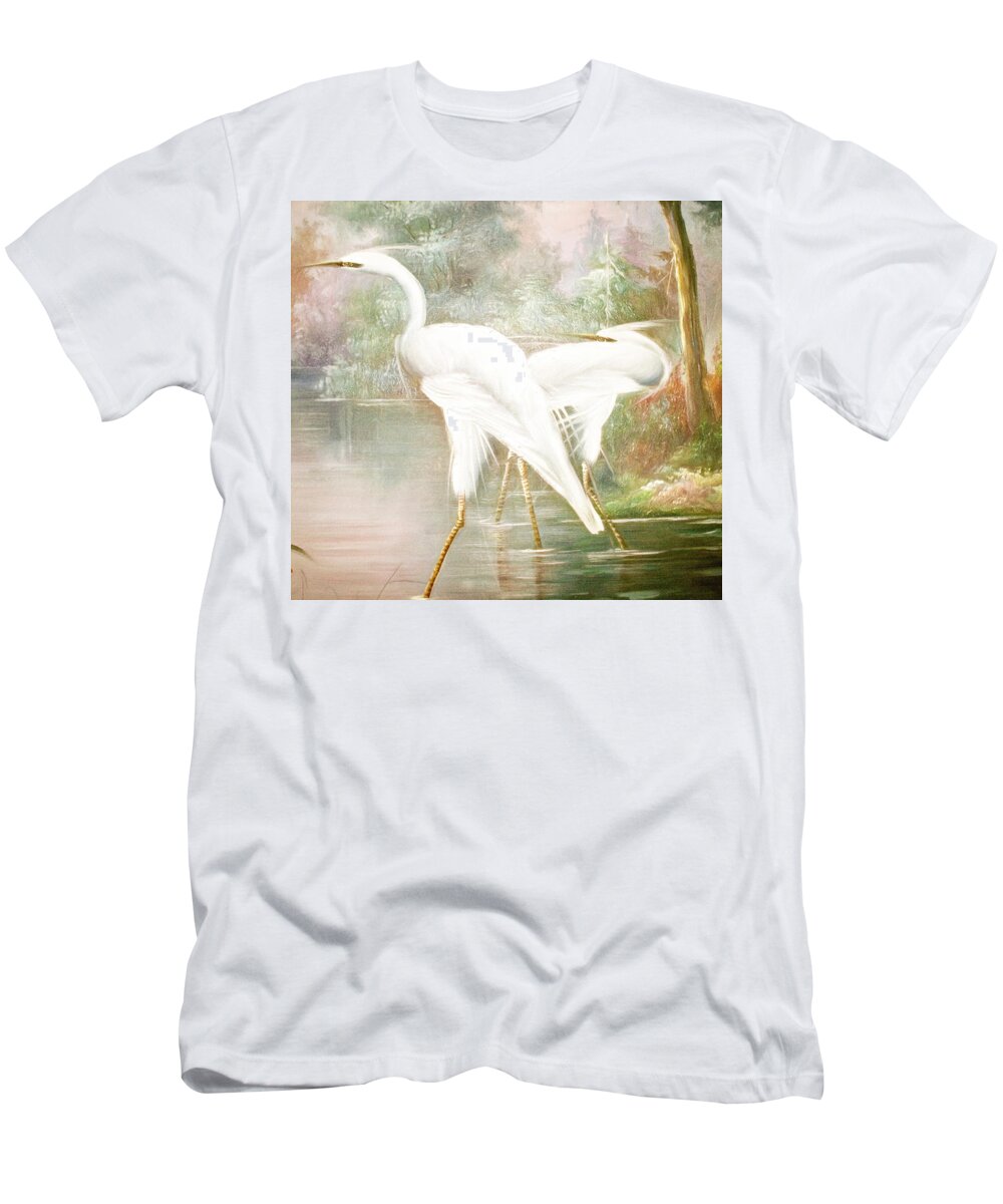 Egret T-Shirt featuring the mixed media Enchanted Lagoon by Susan Hope Finley