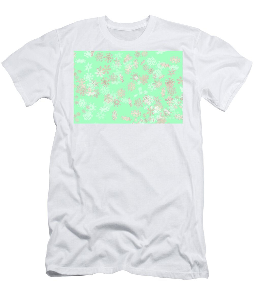 Ice Words T-Shirt featuring the photograph Falling snowflakes pattern on green background by Simon Bratt