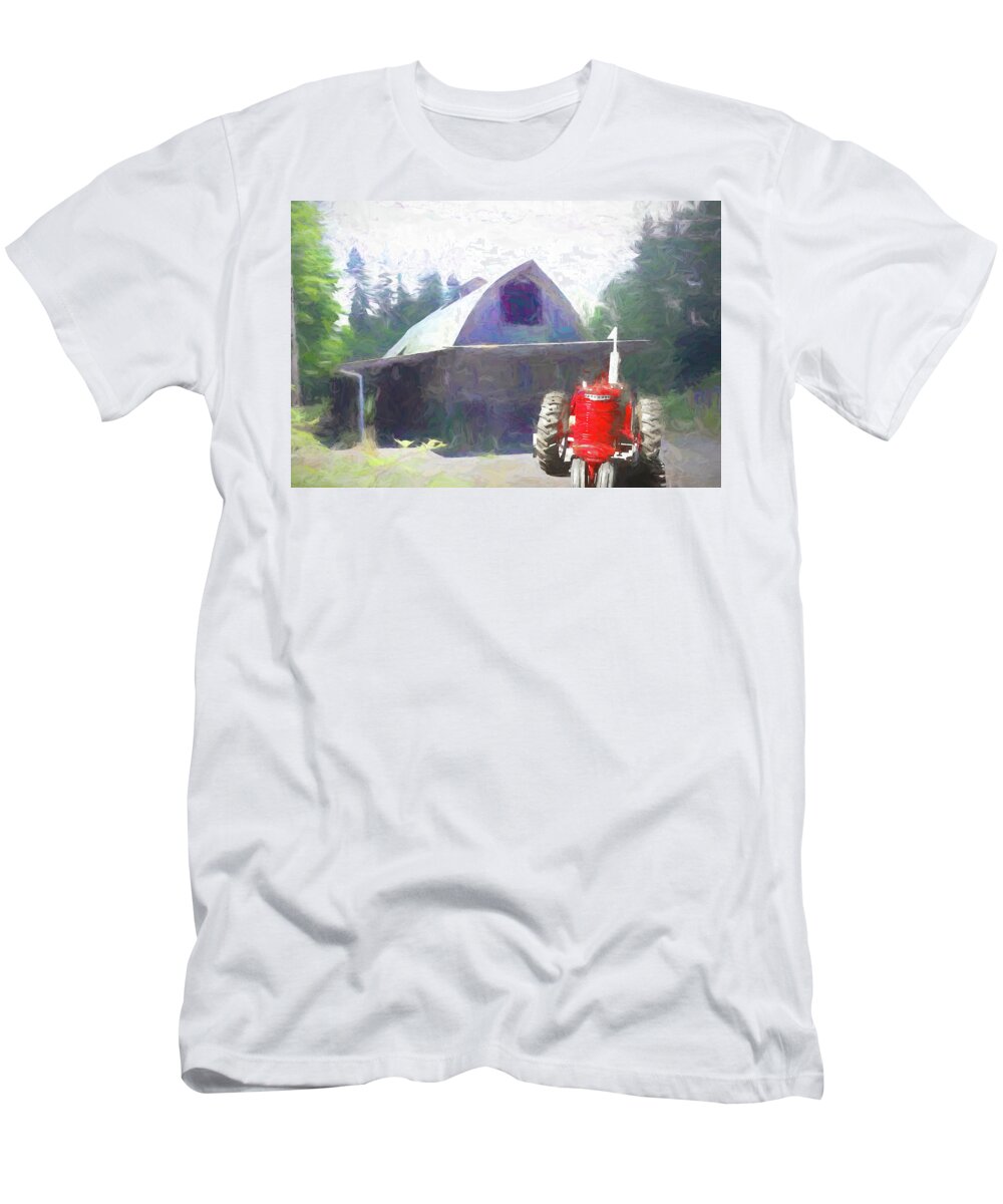 Barn T-Shirt featuring the digital art Farm and Barn Tractor by Cathy Anderson