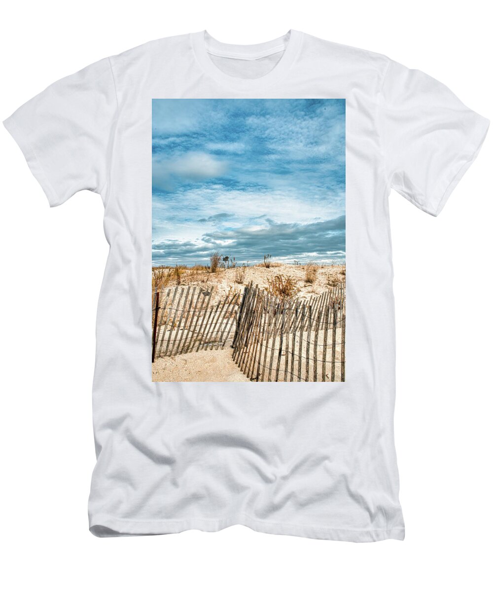 Sandy Hook T-Shirt featuring the photograph Fences On The Dune At Sandy Hook by Gary Slawsky