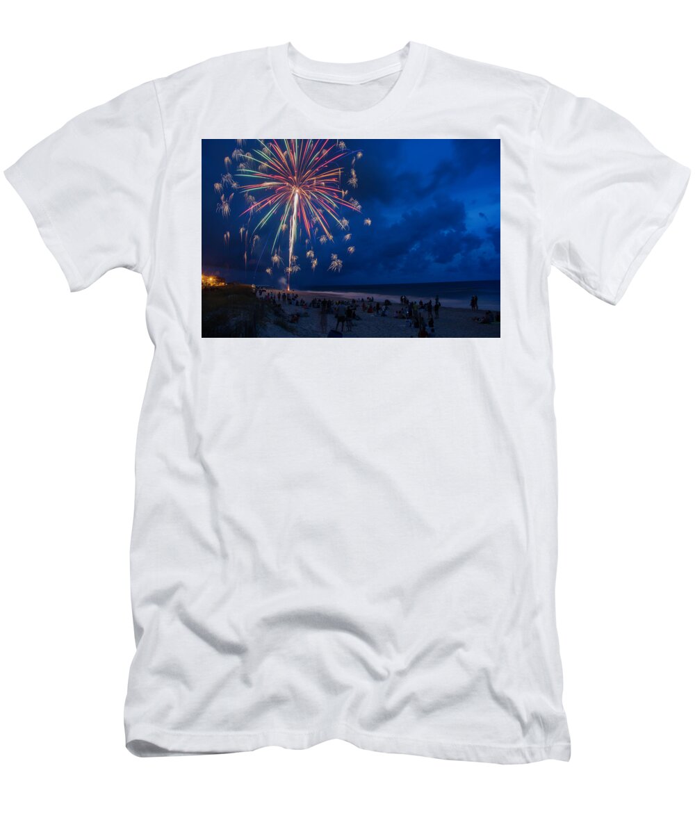 Fireworks T-Shirt featuring the photograph Fireworks by the Sea by WAZgriffin Digital