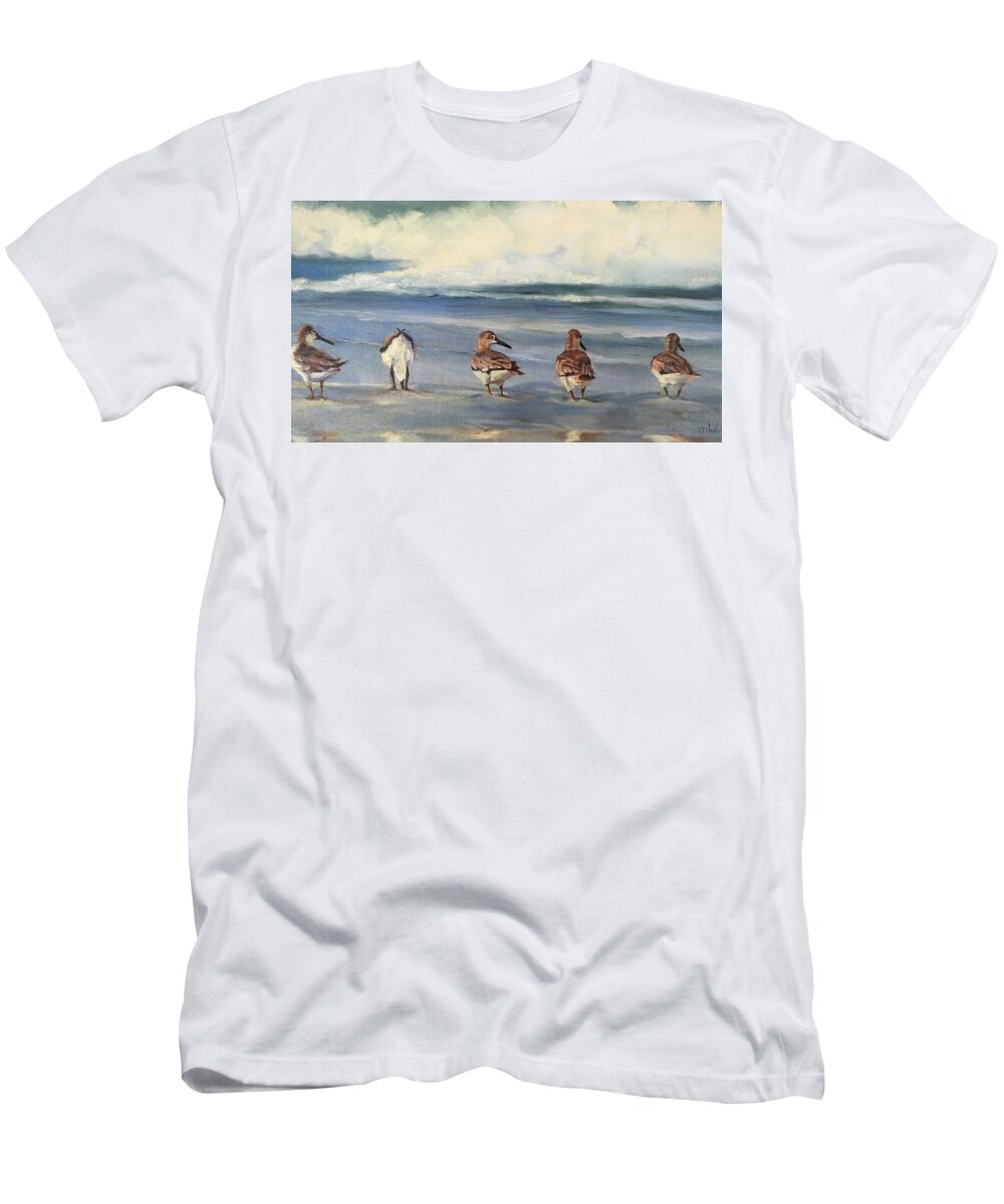 Sandpipers T-Shirt featuring the painting Five Guys by Judy Rixom