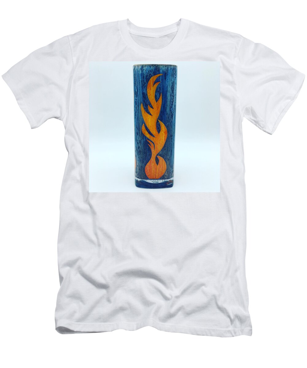 Glass T-Shirt featuring the glass art Flame on Blue by Christopher Schranck