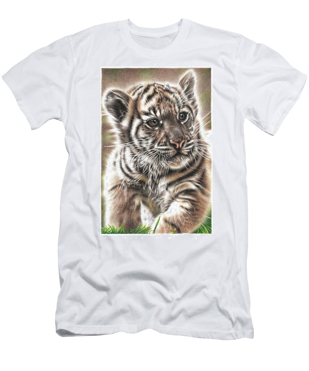 Tiger T-Shirt featuring the drawing Fluffy Tiger Cub by Casey 'Remrov' Vormer