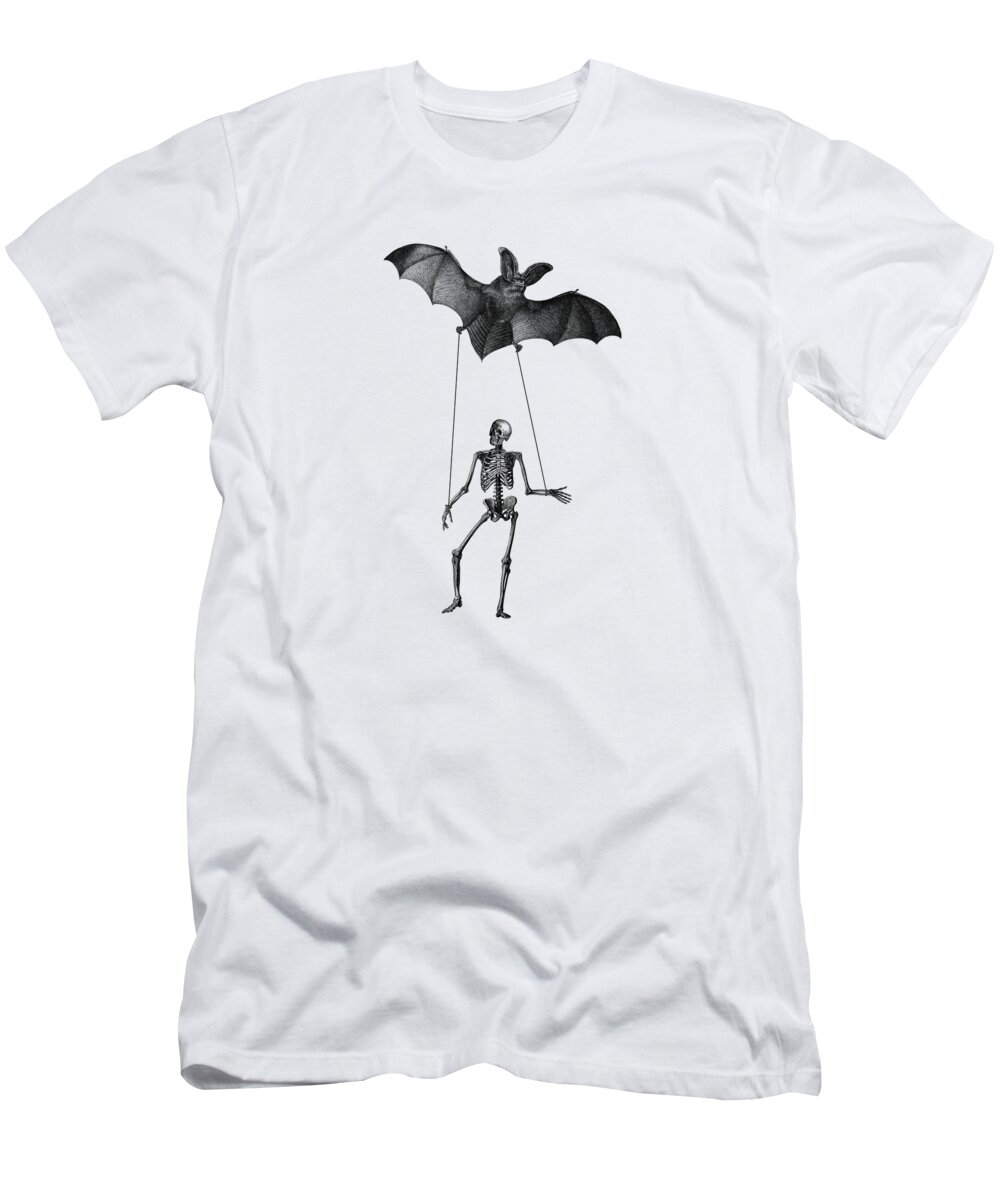 Skeleton T-Shirt featuring the digital art Flying bat with skeleton on a string by Madame Memento