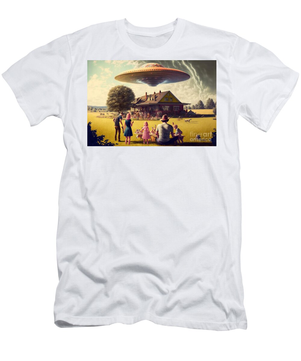 Flying T-Shirt featuring the mixed media Flying Saucer Frenzy VII by Jay Schankman