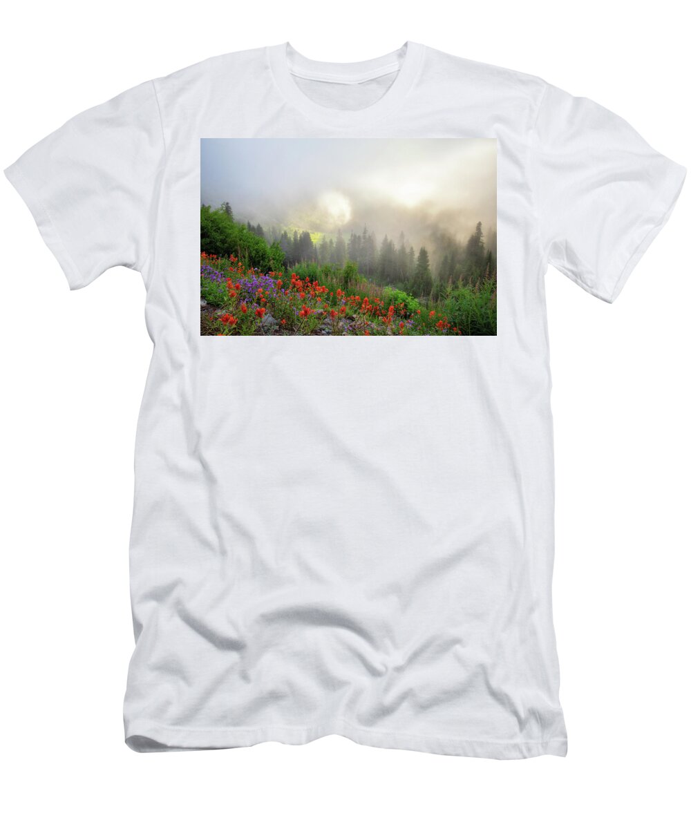 Fog T-Shirt featuring the photograph Foggy Morning around Mount Rainier by Alex Mironyuk