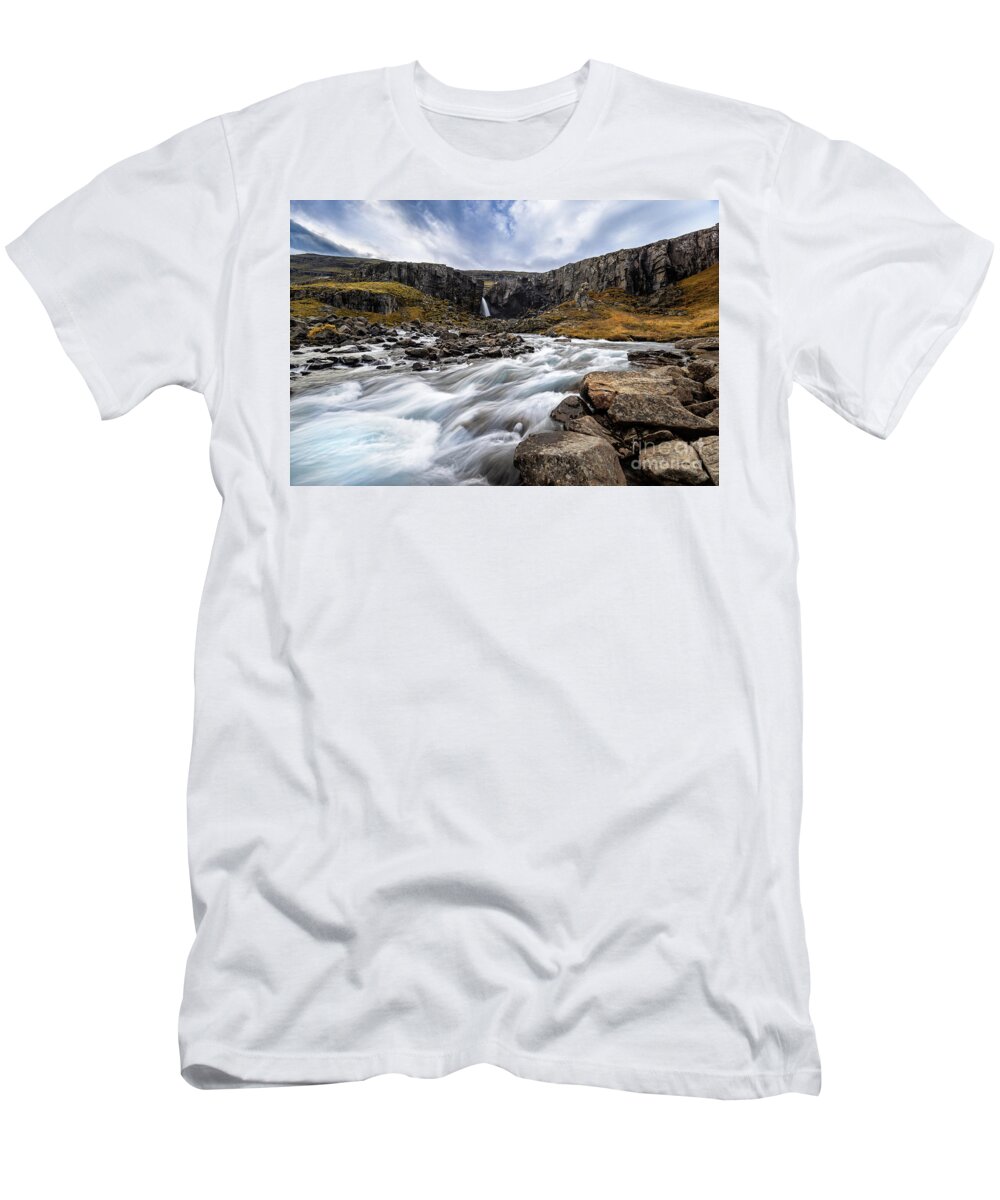 Folaldafoss T-Shirt featuring the photograph Folaldafoss waterfall and glacial river, Iceland by Jane Rix