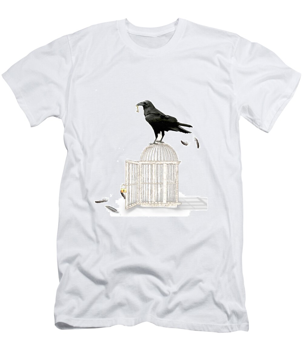 Crow T-Shirt featuring the mixed media Free as a Bird by Moira Law