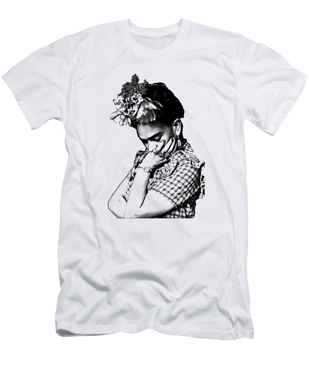 Frida Kahlo T-Shirt featuring the digital art Frida Kahlo in black and white by Madame Memento