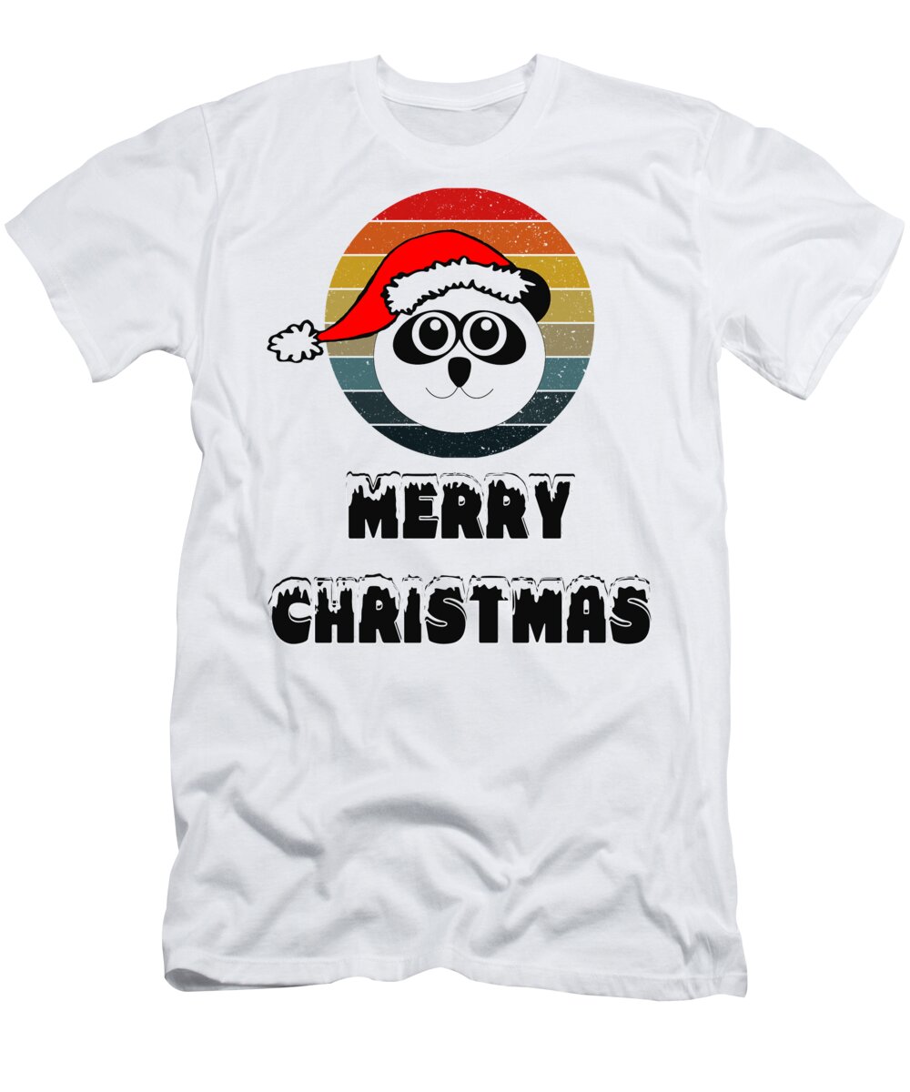 Animal T-Shirt featuring the digital art Funny Panda Face Black And White With Santa Claus Hat On Retro Sunset Circle Stripe Grunge Backgroud by Mounir Khalfouf