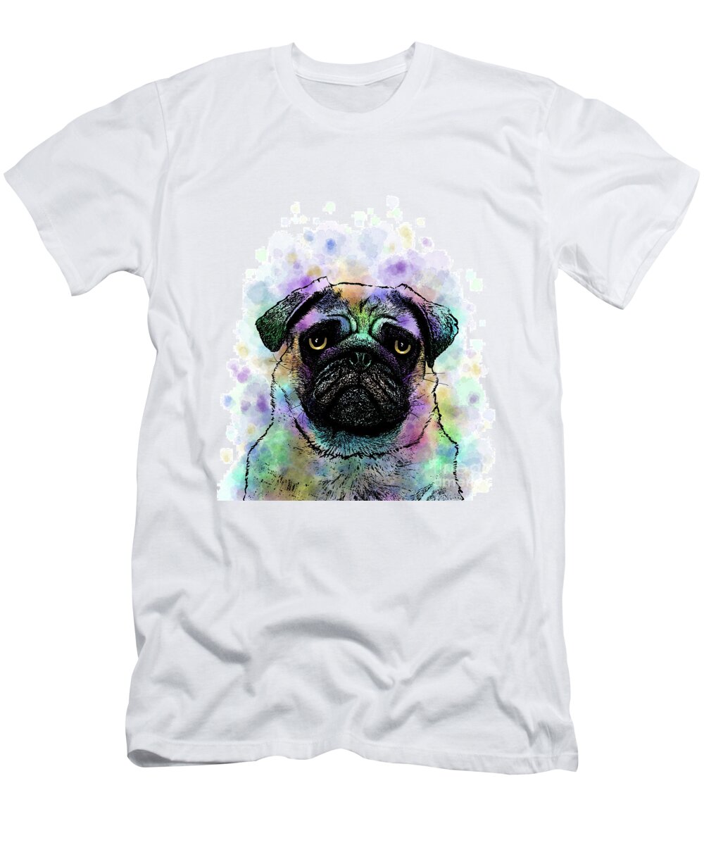 Pug T-Shirt featuring the mixed media Funny Pug Dog 156 by Lucie Dumas