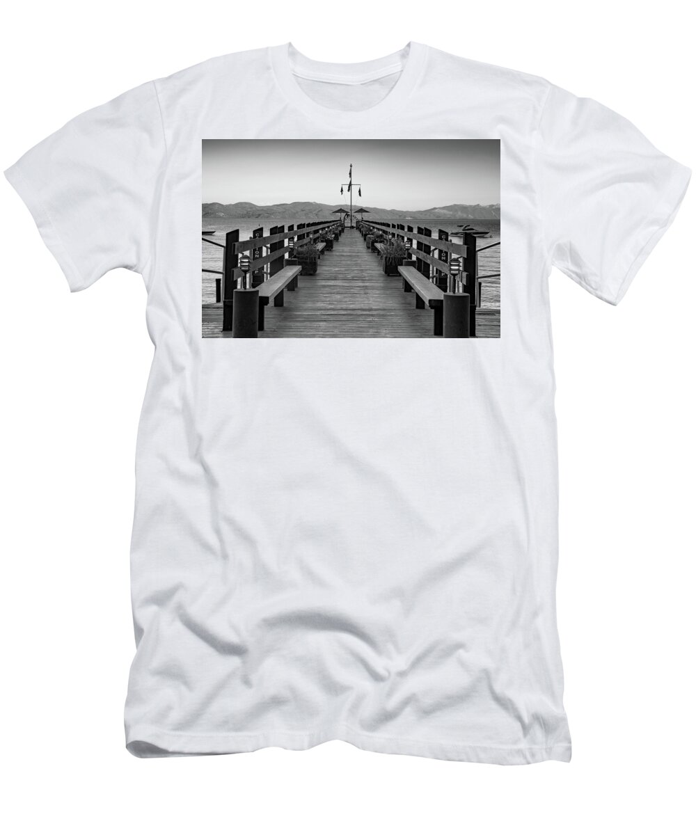 Lake Tahoe T-Shirt featuring the photograph Gar Woods Pier And Mountains On Lake Tahoe - Black And White by Gregory Ballos
